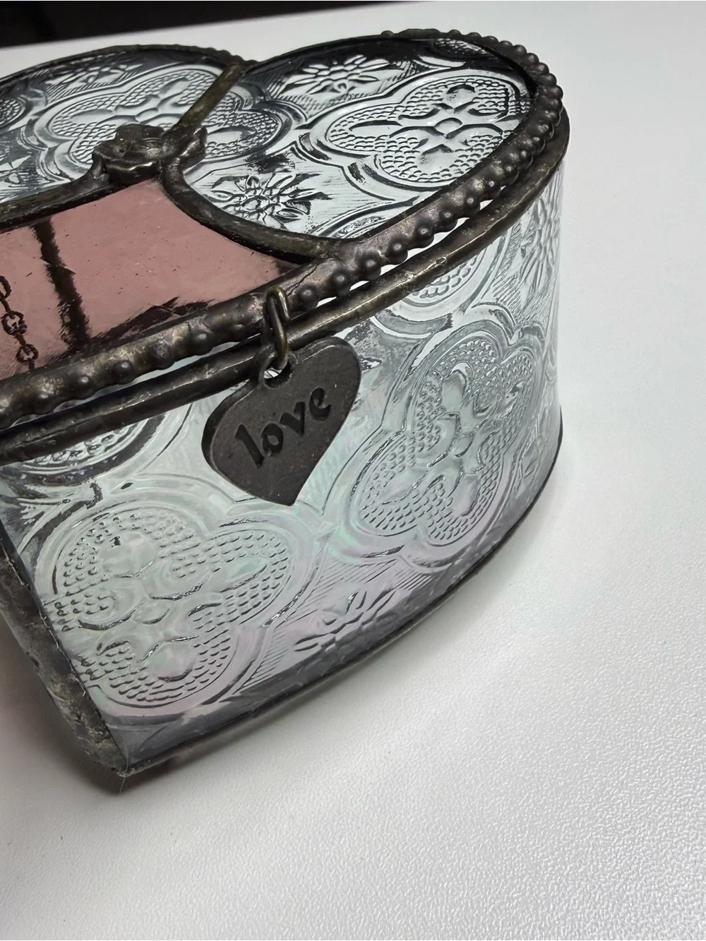 Heart Shaped Stained Glass Trinket Box - Iridescent Pink & Clear